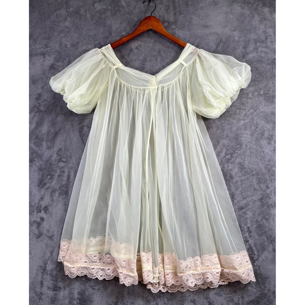 Babydoll Nightgown Robe Large Sheer Chiffon Puff Sleeve Green Lace Trim  60's